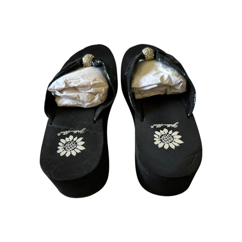 Women's Yellow Box Black Wedge Flip Flop Sandals Size 8 with Rhinestones - Picture 5 of 10